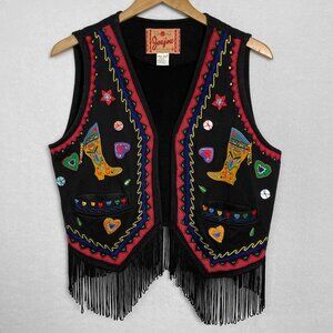 Black Embroidered Fringe Vest